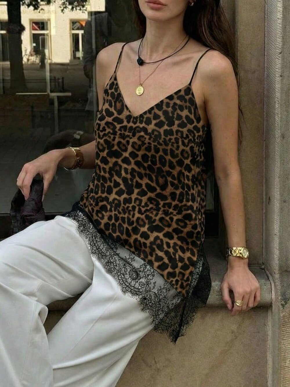 White Casual Elegant Women's Leopard Print Contrast Lace Camisole Party Top